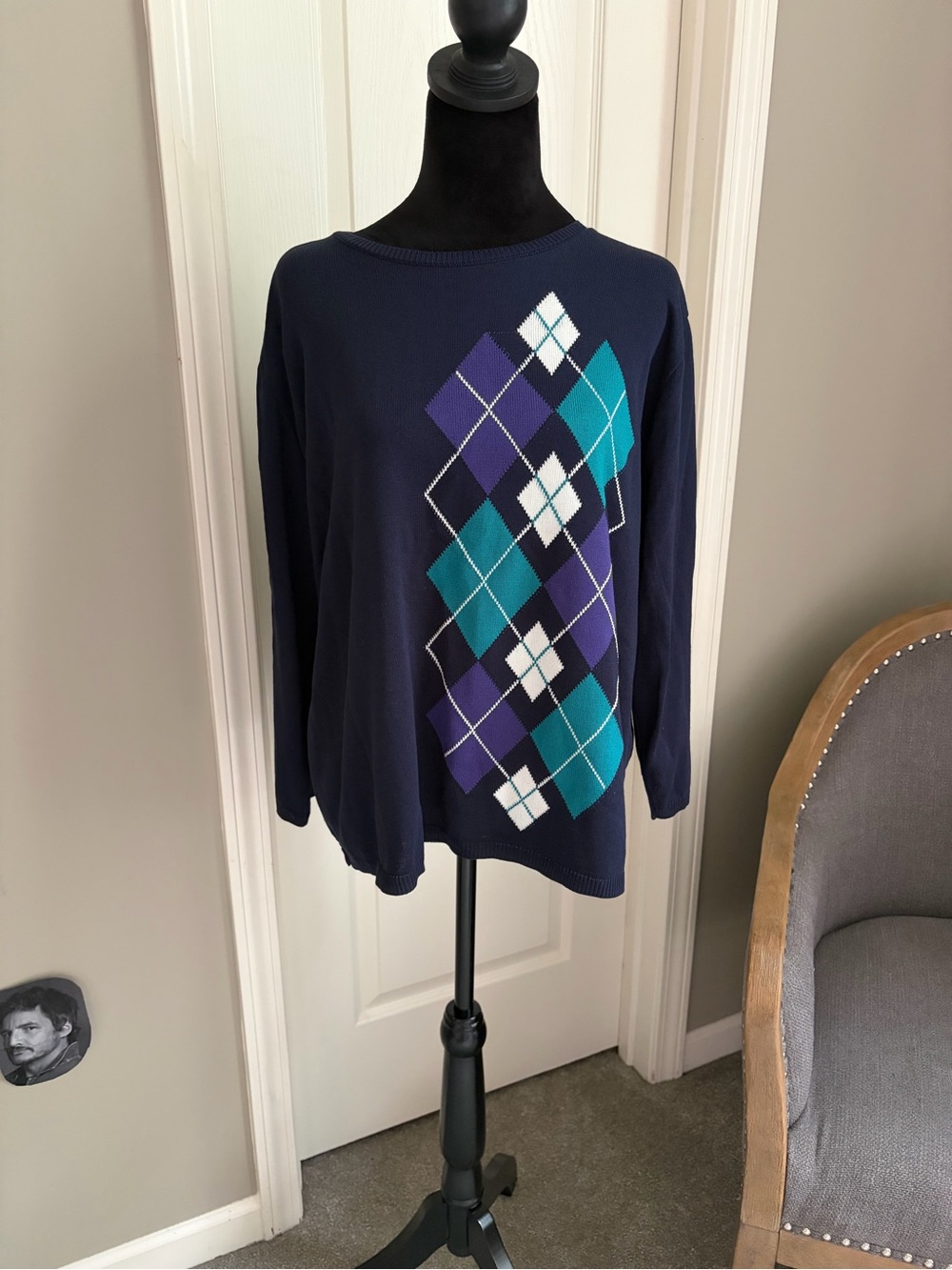 Alfred Dunner Navy Argyle Crewneck Sweater with Teal, Purple & White